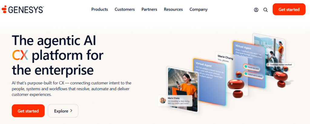 Genesys homepage with headline "The agentic AI CX platform for the enterprise" — showing a Virtual Agent interaction with customer Marie Chang asking about using her credit card in Italy, with AI responses confirming no foreign transaction fees, travel tips sent, and customer request resolved

