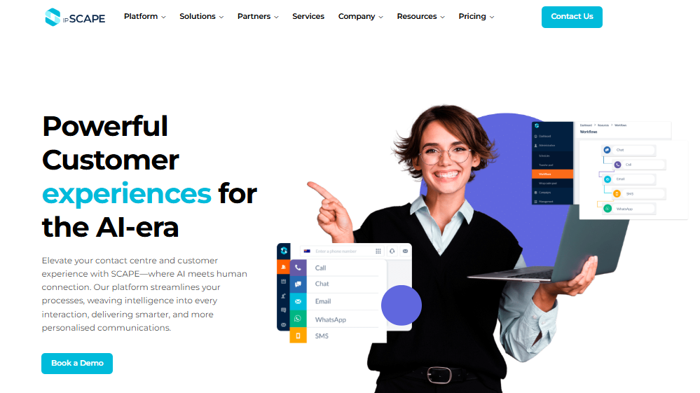 ipSCAPE homepage with headline "Powerful Customer experiences for the AI-era" — showing a smiling woman holding a laptop and pointing to a multi-channel workflow UI panel with options for Call, Chat, Email, WhatsApp, and SMS contact centre channels

