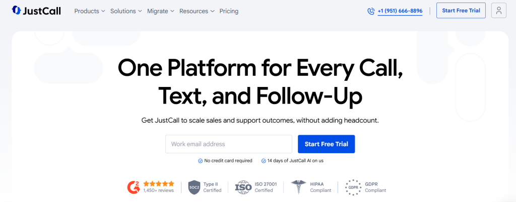 JustCall homepage showcasing an AI powered business communication platform for calling, texting, and automated follow ups with a free trial option.
