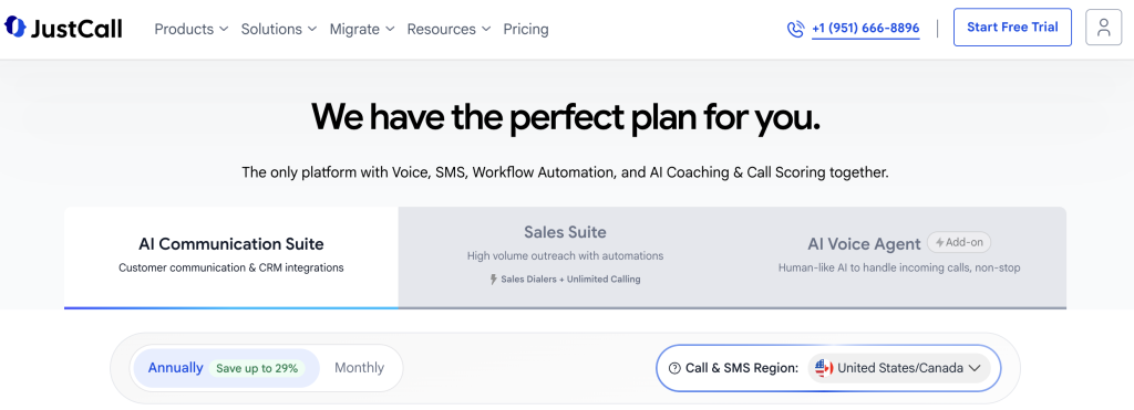JustCall pricing page showing three product suites — AI Communication Suite, Sales Suite with power dialers, and AI Voice Agent add-on — with annual and monthly billing toggle and region selector for United States/Canada