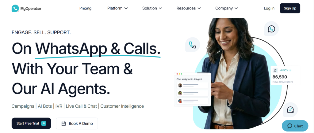 MyOperator homepage featuring AI-powered cloud telephony platform with virtual numbers, IVR, business calling, and customer communication solutions