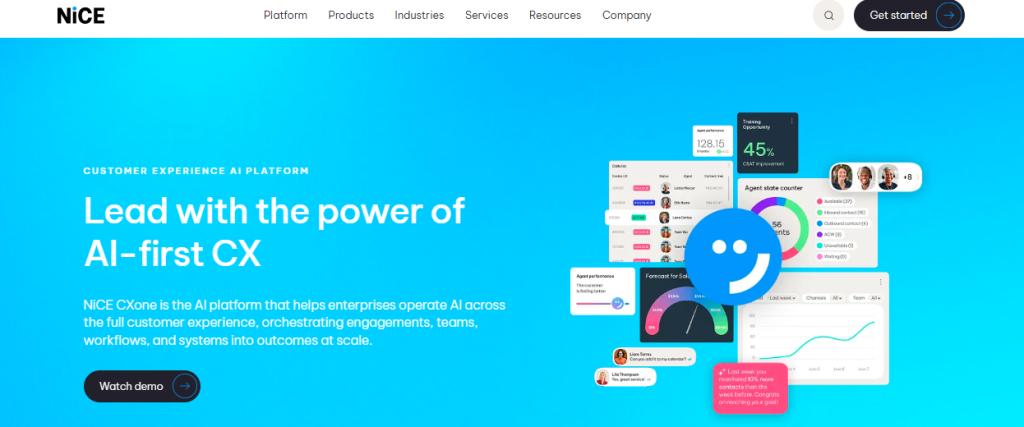 NiCE CXone homepage with headline "Lead with the power of AI-first CX" on a bright blue background — showing a Customer Experience AI Platform dashboard with agent performance score of 128.15, 45% CSAT improvement, agent state counter, sales forecast chart, and an AI assistant chat interaction between Liam Torres and Lila Thompson
