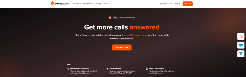 PhoneBurner homepage with headline "Get more calls answered" on a dark gradient background, highlighting over 10% answer rates, Tier 1 network reliability, ARMOR spam protection, and higher connect rates, with a 4.7 G2 rating from 250+ reviews

