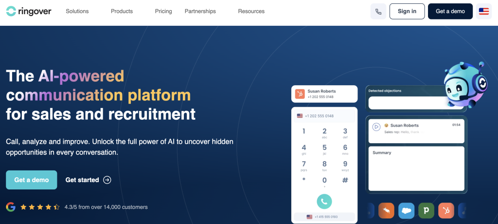 Ringover homepage highlighting cloud-based business phone and contact center solutions