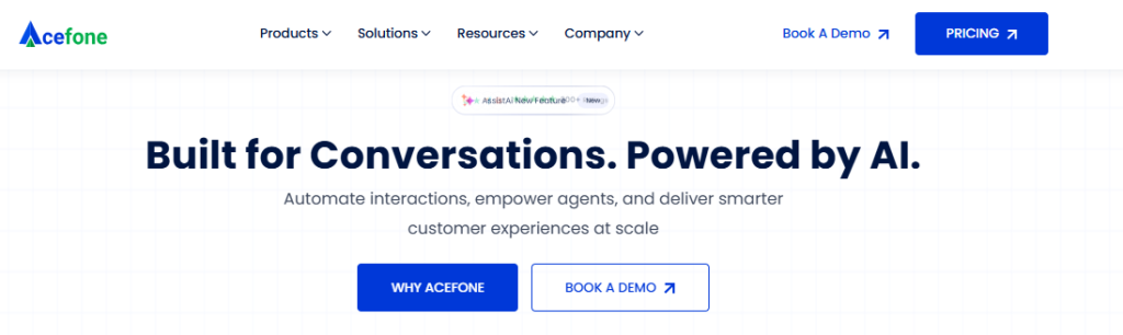 Acefone website homepage with the headline 'Built for Conversations. Powered by AI.' featuring a product screenshot of the AceX Interactions Hub interface showing agent assist, campaign details, and customer chat.