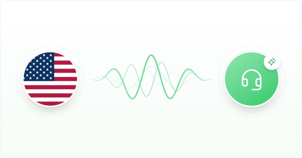 Telnyx alternative USA: a circular US flag linked by a voice waveform to an AI headset icon.
