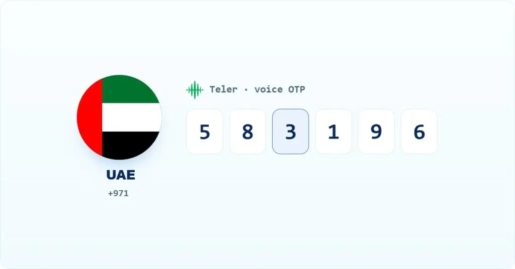 Voice OTP providers UAE: Teler reads a six-digit OTP code aloud to a caller on a +971 number.
