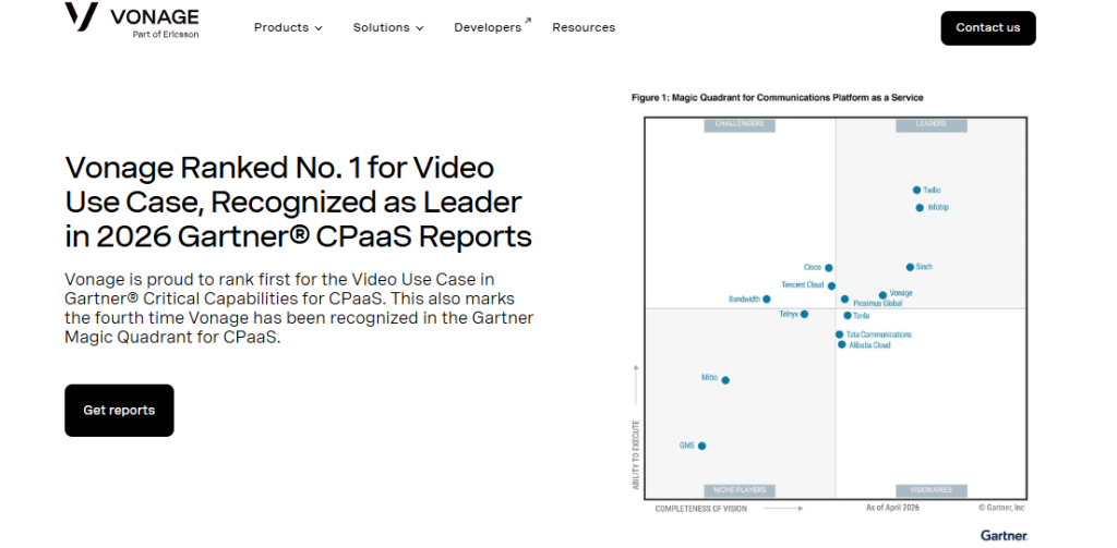 Vonage homepage announcing it is ranked No. 1 for Video Use Case and recognized as a Leader in the 2026 Gartner Magic Quadrant for CPaaS, with the quadrant chart showing Vonage positioned in the Leaders quadrant alongside Twilio, Infobip, and Sinch