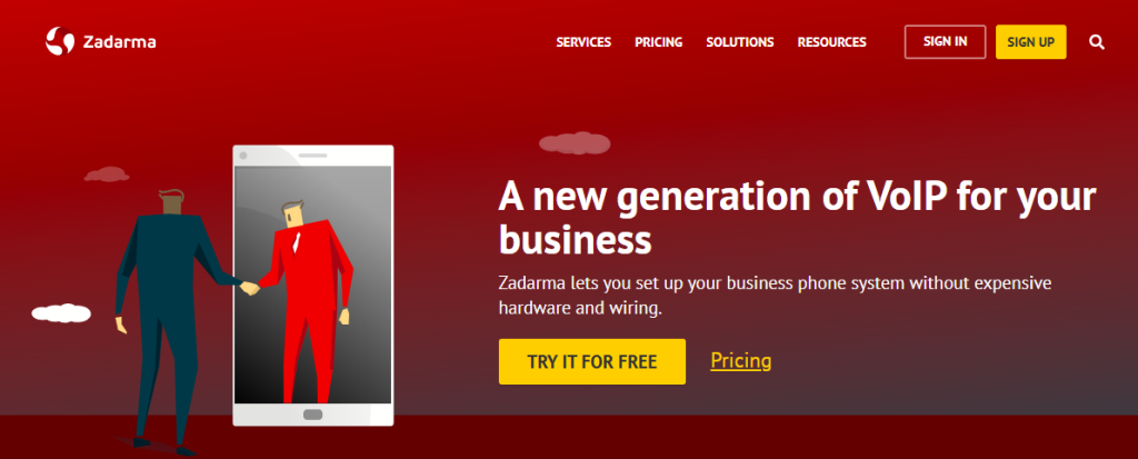 Zadarma homepage with headline "A new generation of VoIP for your business" — a hardware-free business phone system illustrated by two animated figures shaking hands through a smartphone screen on a bold red background