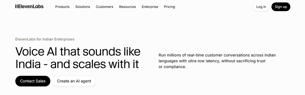 ElevenLabs Voice AI page for Indian enterprises and multilingual real-time customer conversations