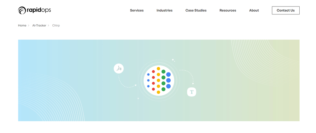 google chirp AI-Tracker Chirp page with an abstract voice and text processing illustration.