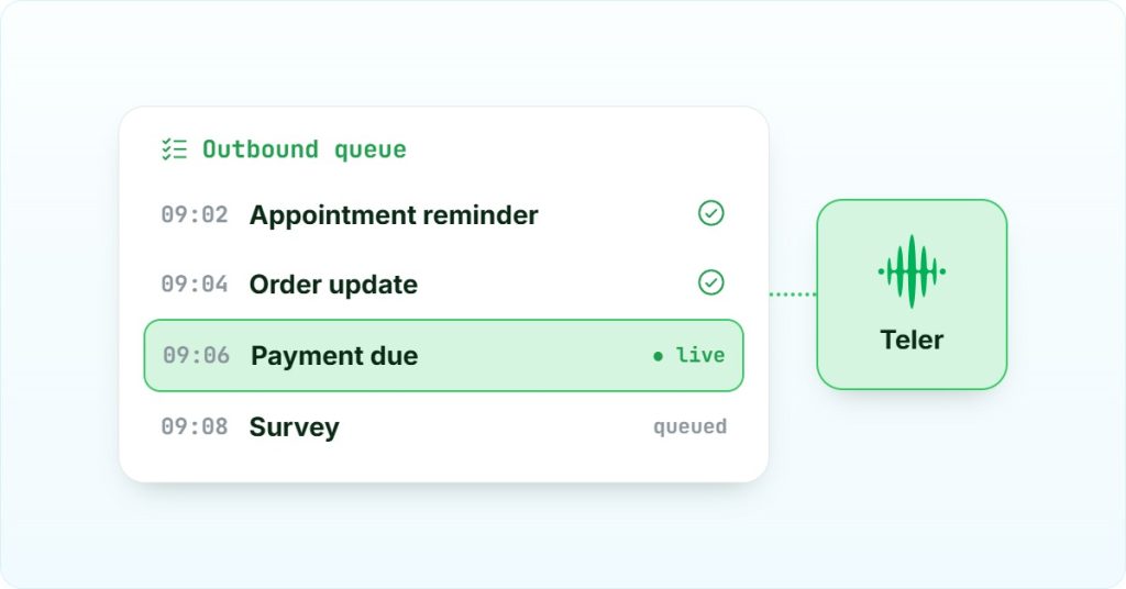 Automated phone calls: an outbound queue of reminders and updates running live on Teler.