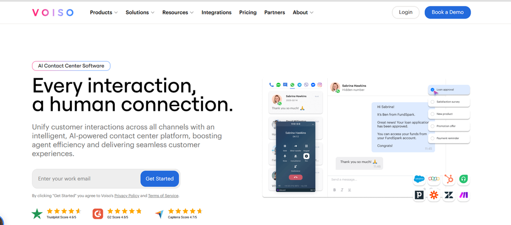 Voiso homepage showcasing AI contact center software with tagline, ratings, demo request, and chat interface example